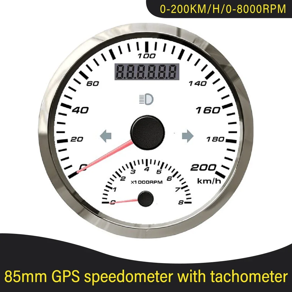 

85mm 60km/h 0-125km/h 0-200km/h GPS Speedometer with Tachometer 4000RPM 0-8000RPM with GPS Antenna Amber Backlight for Boat Car