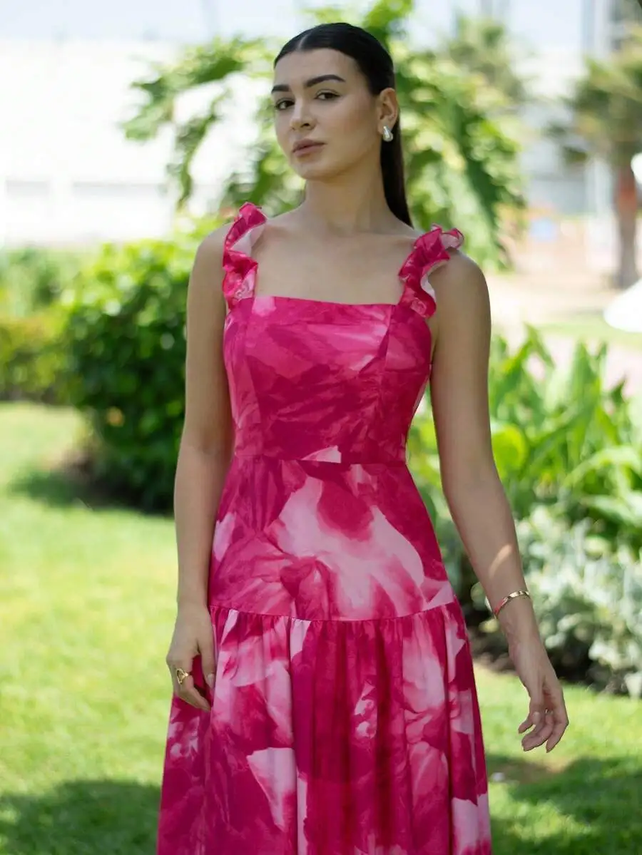 

Floral Tie-Dye Pink Fuchsia Square Neck Cinched Waist Fit Flare Sleeveless Dress Spring Summer