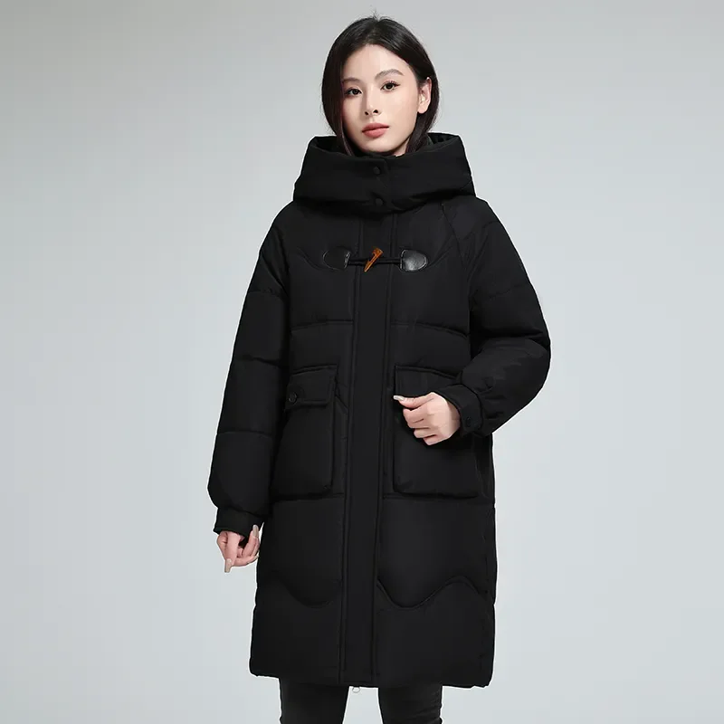 Duffle Buckle Down Cotton-Padded Jacket Women's Overcoat Mid-Length Loose Warm Parka Autumn Winter New Removable Hat Cotton Coat