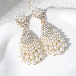 Luxurious pearl earrings full of diamonds zircons geometric large water drops versatile retro bridal dress earrings