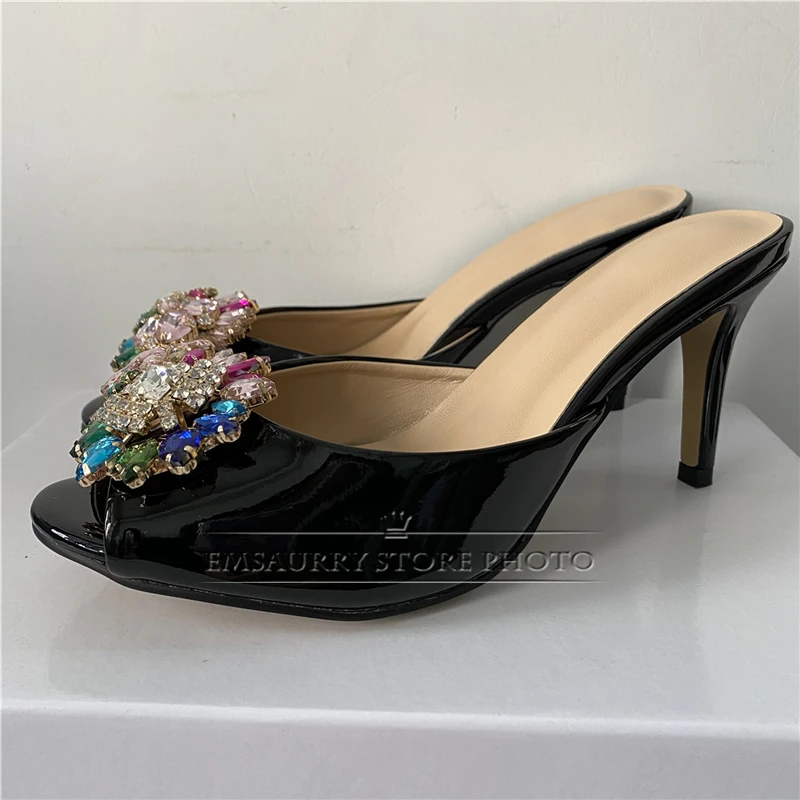 Iridescent Rhinestone Buckle Decor Sandals Women Sexy Kitten Heel Luxury Patent Leather Slingbacks Mules Summer