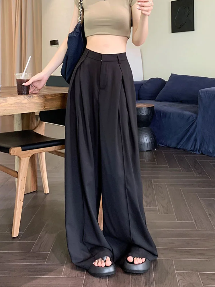 Zoki Casual Women Suit Wide Leg Pants Korean Oversize Loose Office Lady Black Suit Trousers Fashion Design High Waist Pants New