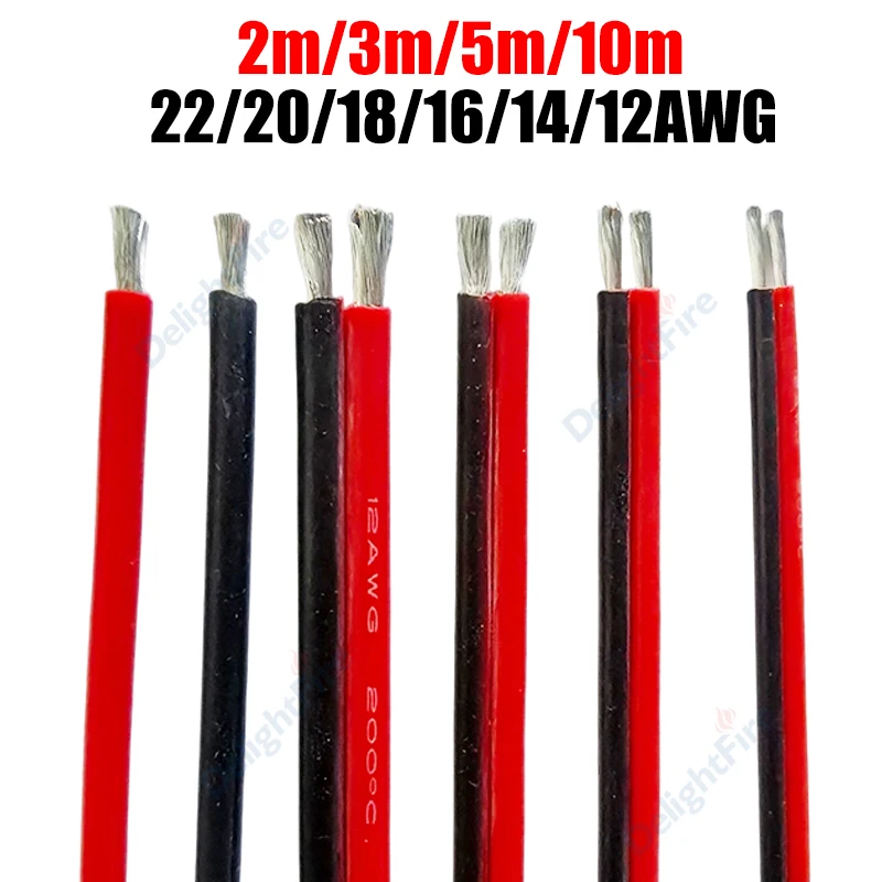 2PIN Flexible Silicone Cable Red Black 22 20 18 16 14 12AWG 2m/3m/5m/10m Electrical Wires For Car Auto Solar Battery Inverter
