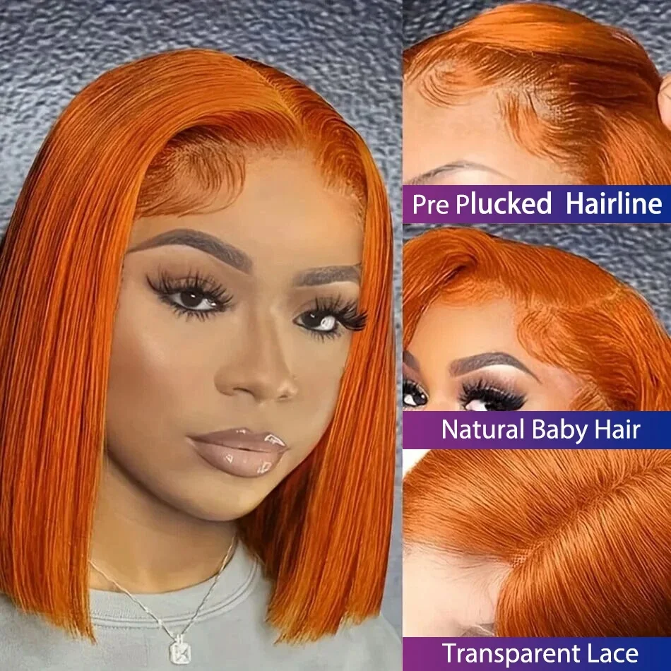 13x4 Lace Front Short Bob Wig 350 Ginger Orange Color Straight Transparent Lace Frontal Wigs Human Hair For Black Woman 10 Inch
