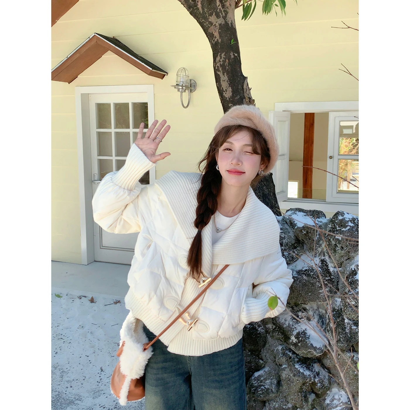 

Padded Jacket Women's Short Style Knitted Splicing Collar White Duck down Filling Korean Version Bubble Style Commute Style