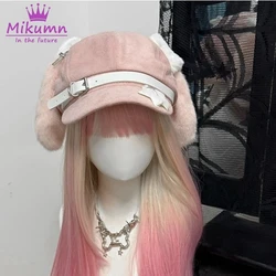 Mikumn Harajuku Y2k Girl Japanese Cute Plush Puppy Ears Hat Women Lolita Kawaii Star Leather Button Beret Hats Chic Streetwear