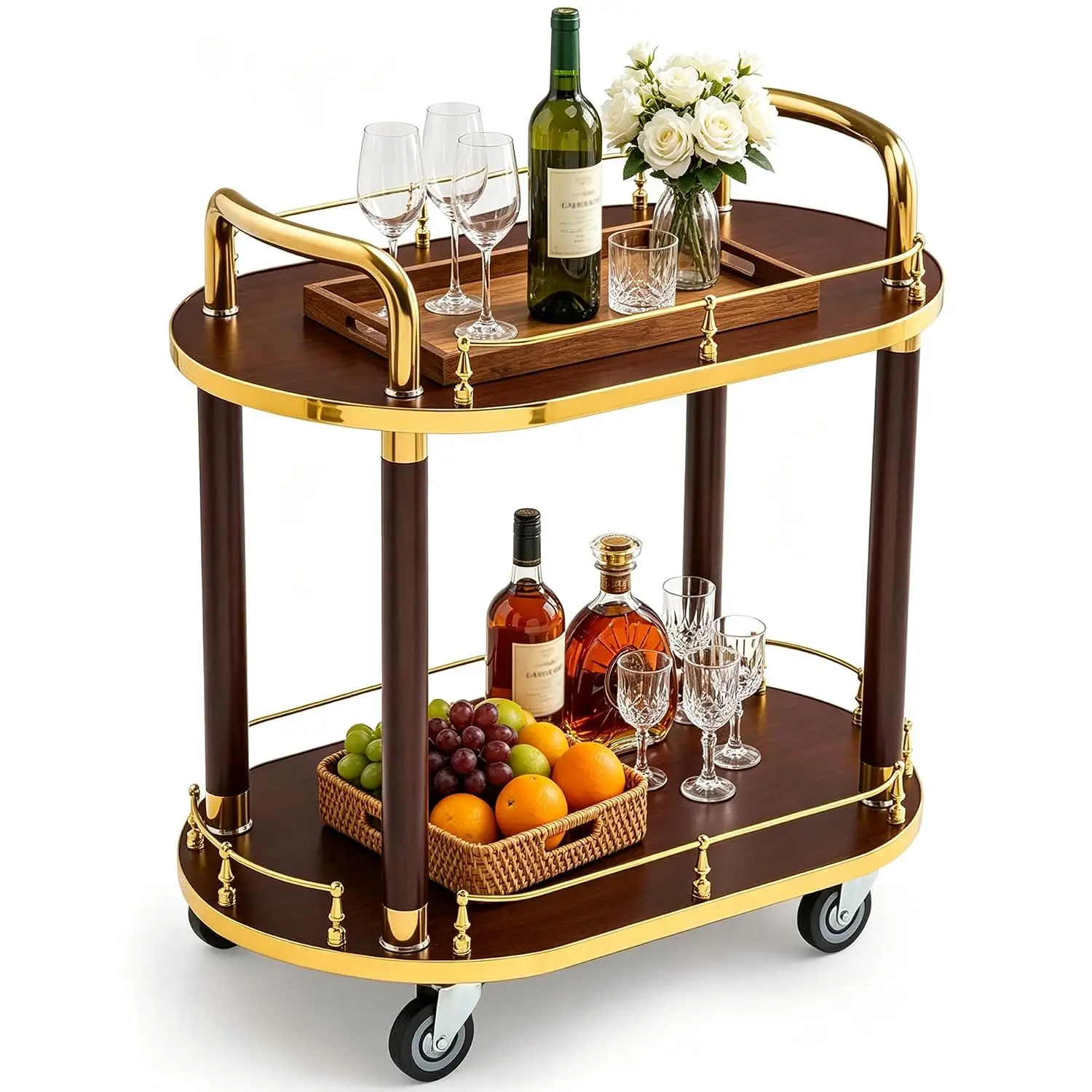 Home Bar Serving Cart, 2-Tier Kitchen Utility Cart on Wheels with Storage, with Brakes,Modern Wine Cart Serving Trolley