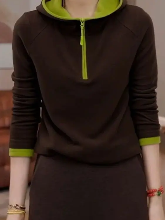 هودي نسائي طويل بسحاب، تصميم أنيق للخريف والشتاء، مقاسات كبيرة، مريح، على الطراز الكوري