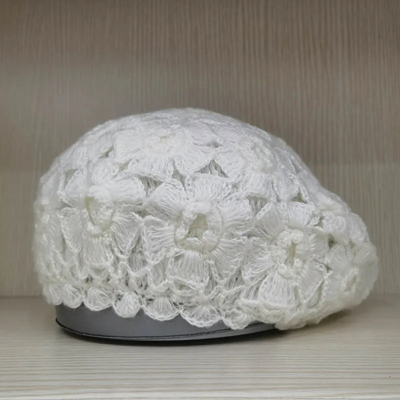 Women Cotton Slouchy Crochet Beret Handmade Cutout Floral French Beret Cap Fall Winter Hat for Women Girl Casual Cap