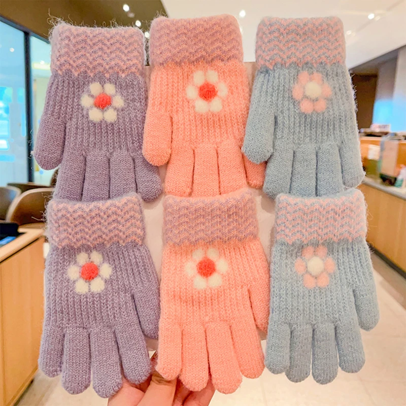 2023 New Girls Winter Knitting Flower Bow Printing Plush Soft Five Finger Gloves Children Outdoor Warm Gloves Kids Colors Gloves