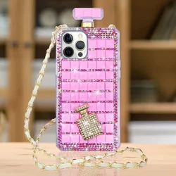Diamond Rhinestone Crystal Perfume Bottle Phone Case, Luxury Bling Chain, for iPhone 15Pro, 14Plus, 13 Pro, 12, 16Pro MAX, XS