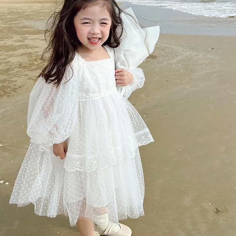 

Fashion Square Neck Hollow Out Lace Spring Autumn Children's Clothing Sweet White Versatile Long Sleeve Girls Mesh Cake Dresses