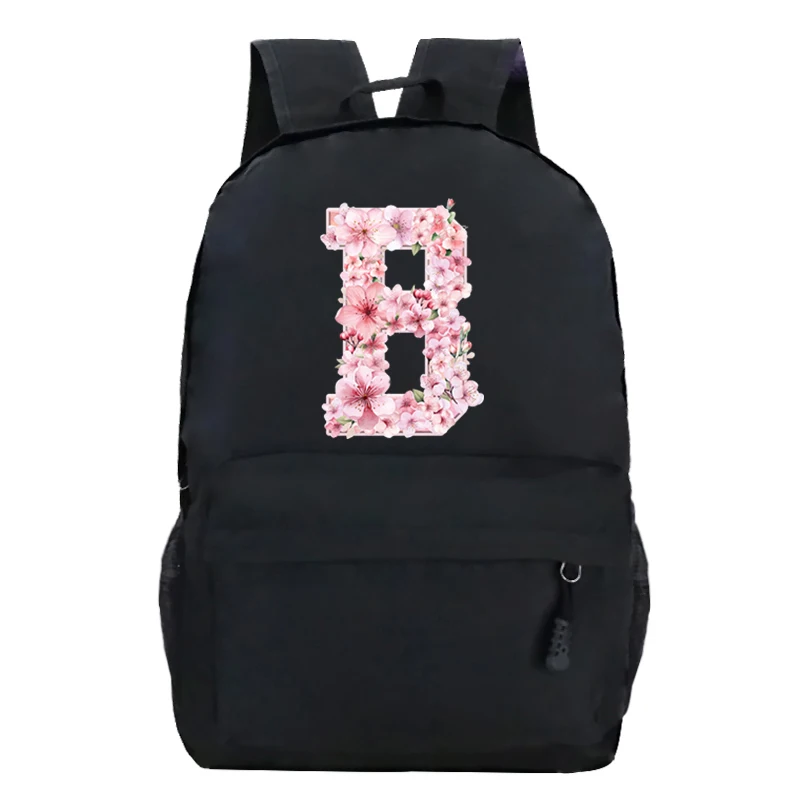 Pink Sakura Alphabet Cute School Bags for Teenage Girls Cherry Blossom Lover Gift Rucksack Women A-Z 26 Alphabet Floral Bagpack