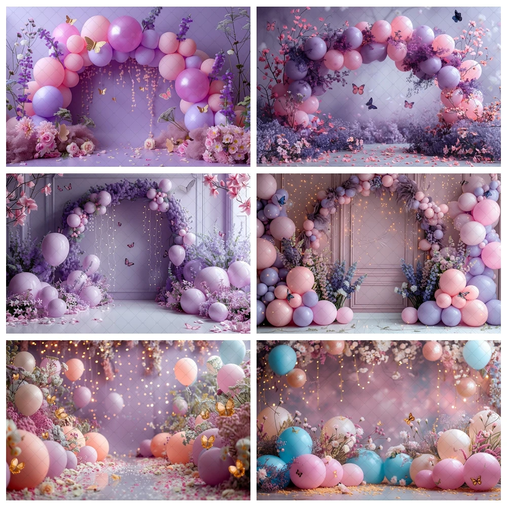 

Birthday Photographic Backgrounds Baby Shooting Props Butterfly Purple Balloons Backdrops Photography Room Decorations Photozone