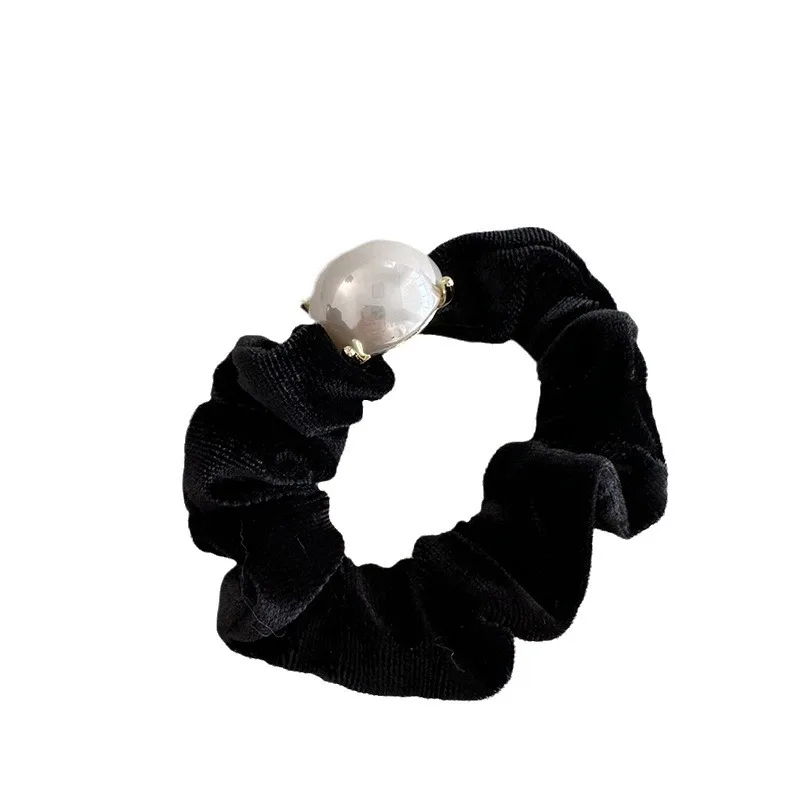 Pearl Black Velvet Intestine Ring Exquisite Bright Beads French Head Rope Retro Temperament Hair Ring Rubber Band Headdress