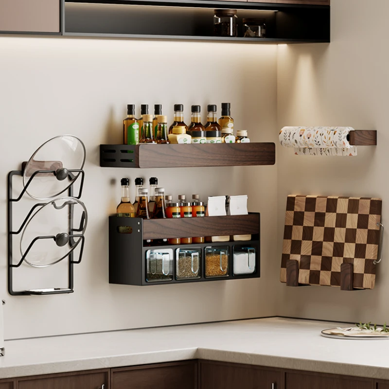 

Walnut kitchen multi-functional rack Middle ancient style non-punching wall-mounted multi-layer oil and salt tank seasoning rack