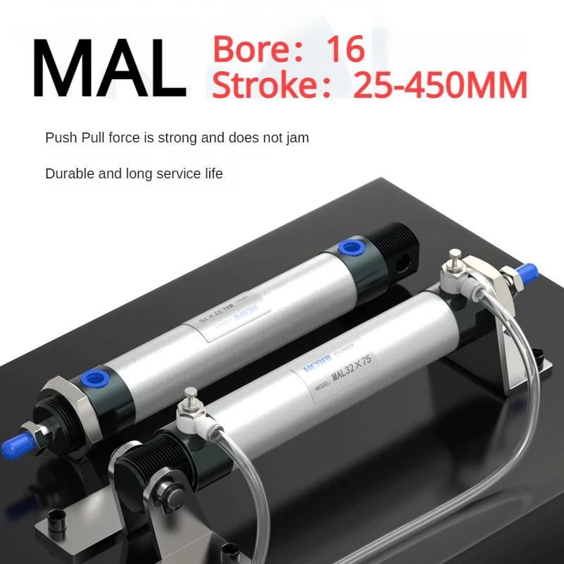 

HEBAI MAL Series Mini Pneumatic Cylinder 16mm Bore 25/50/100/150/200/300/450mm Stroke Double Acting Aluminum Alloy Air Cylinder