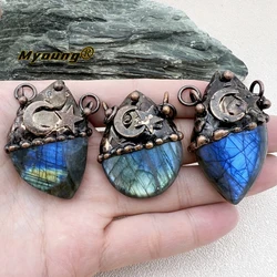 5PCS Soldered Bronze Plated Irregular Natural Flash Labradorite Moonstone Star Moon Vintage Necklace Pendant my231248