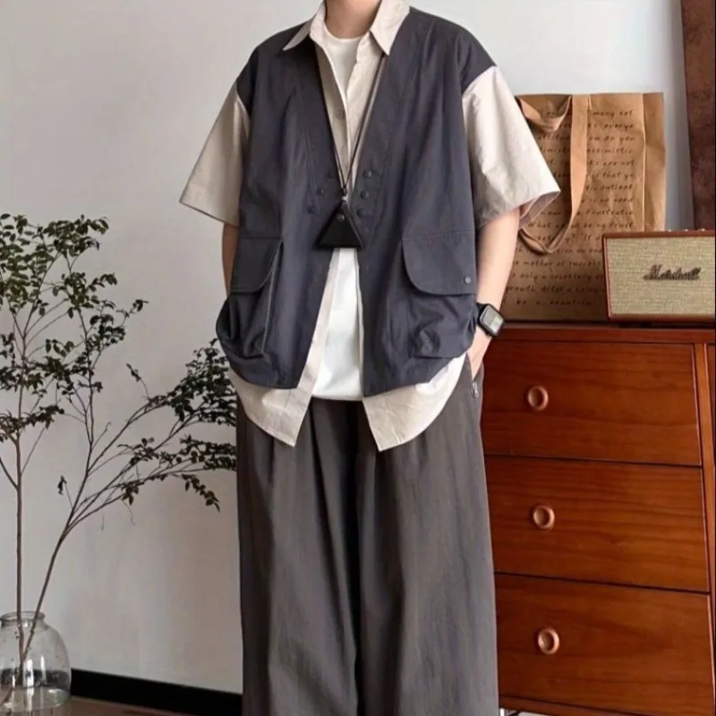 

Men's Faux Two Piece Workwear Shirt Japanese Retro Color Block Patchwork Summer Casual Shirt Set 2 Pack