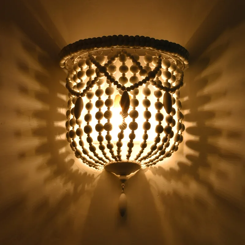 American Style Country White Wooden Beads Wall Lamp LED Living Room Bedroom Bedside Study Corridor