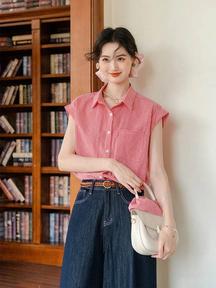 

Красная клетчатая женская летняя блузка без рукавов, тонкий топ для повседневной носки, винтажный стиль, с руликом на рукавах, женская летняя блузка