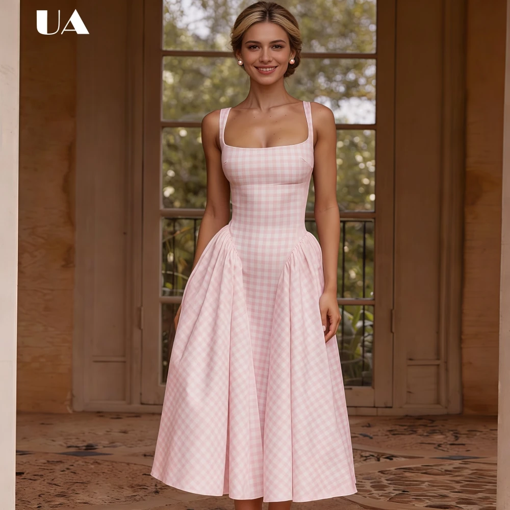 

Elegant Fit-and-flare Plaid Ruched Prom Dress with Square Neck, Classic Sleeveless Empire Midi Party Dress, Princess Style Dress