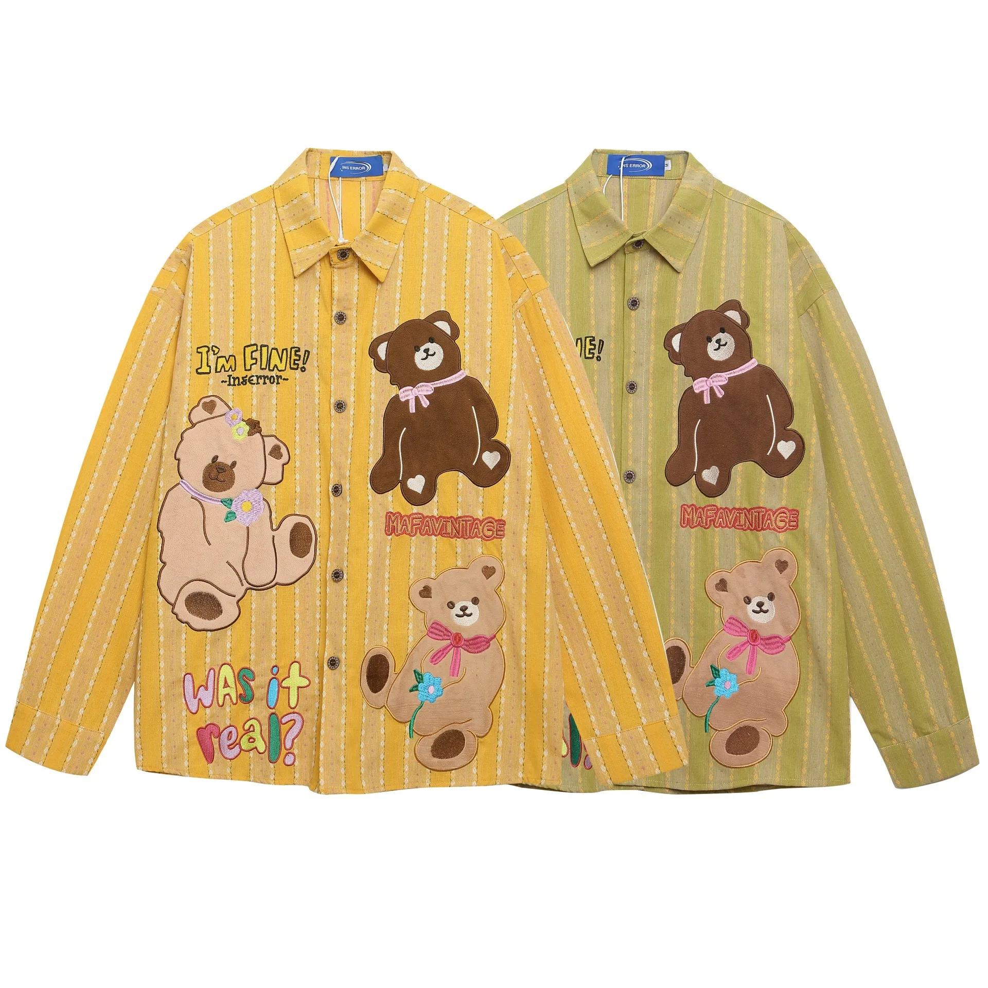 2025 Early Autumn Japanese Retro Fun Cute Bear Embroidery Green Striped Loose Long Sleeve Shirt Top Womens Tops