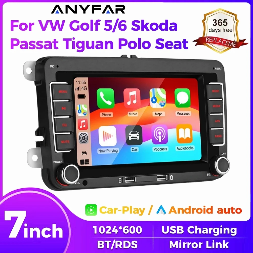

7" 2 Din HD Car Media Video RDS Airplay Car Radio CarPlay Android Auto Stereo Audio For Volkswagen/Seat/Skoda/Passat/Golf/Polo