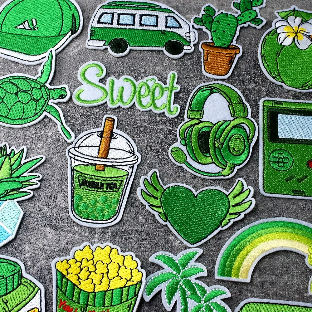 Beverage Turtle Cactus Green Cartoon Patches Embroidery Applique Clothes Sewing Supplies Decorative Child Cute Iron On Badges