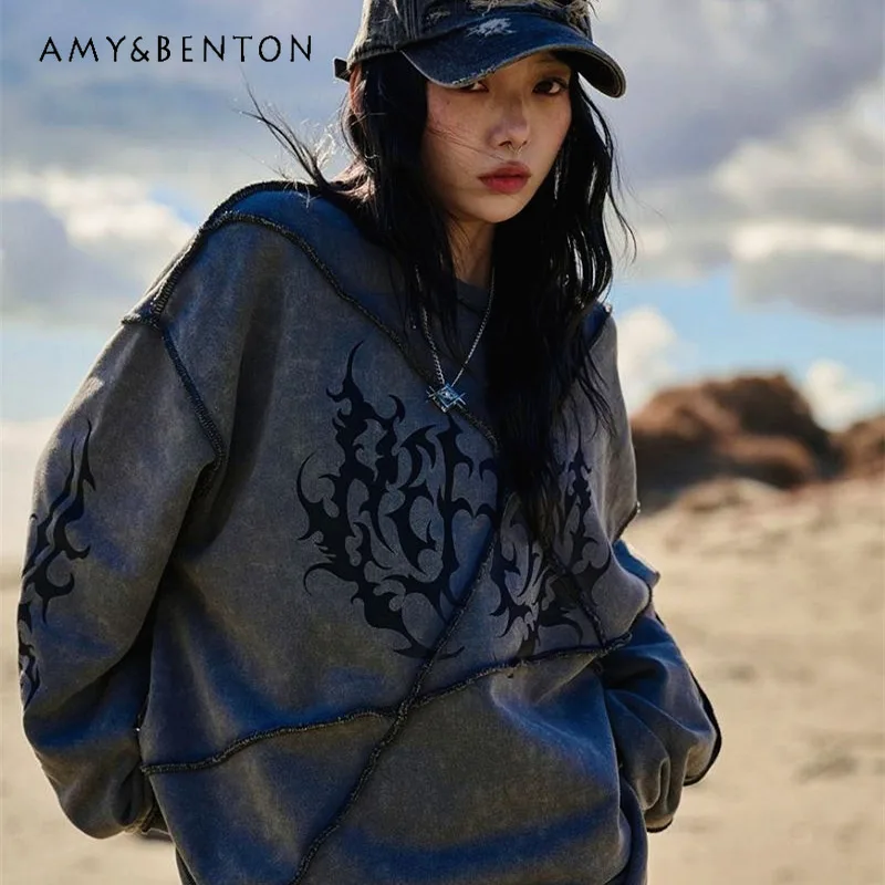 Japanese Harajuku Style Deconstructed Retro Washed Gothic Print Long Sleeve Sweatshirt Subculture Punk Style Oversized Hoodie