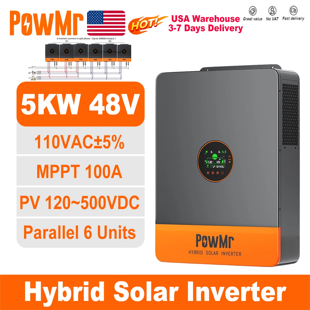 

PowMr USA 5000W 48V 110Vac Hybrid Solar Inverters Can Split Phase 220Vac Output When Parallel Pure Sine Wave MPPT 100A PV 500Vdc