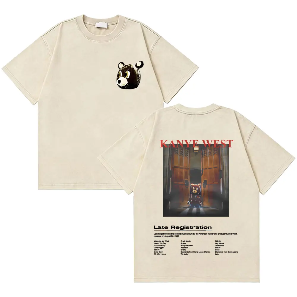 

Washed Vintage Rapper Kanye West Late Registration Bear Graphic T-shirt Men Women Hip Hop Fashion Pop Music T Shirts Streetwear
