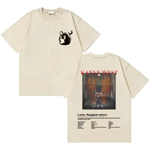 Washed Vintage Rapper Kanye West Late Registration Bear Graphic T-shirt Men Women Hip Hop Fashion Pop Music T Shirts Streetwear