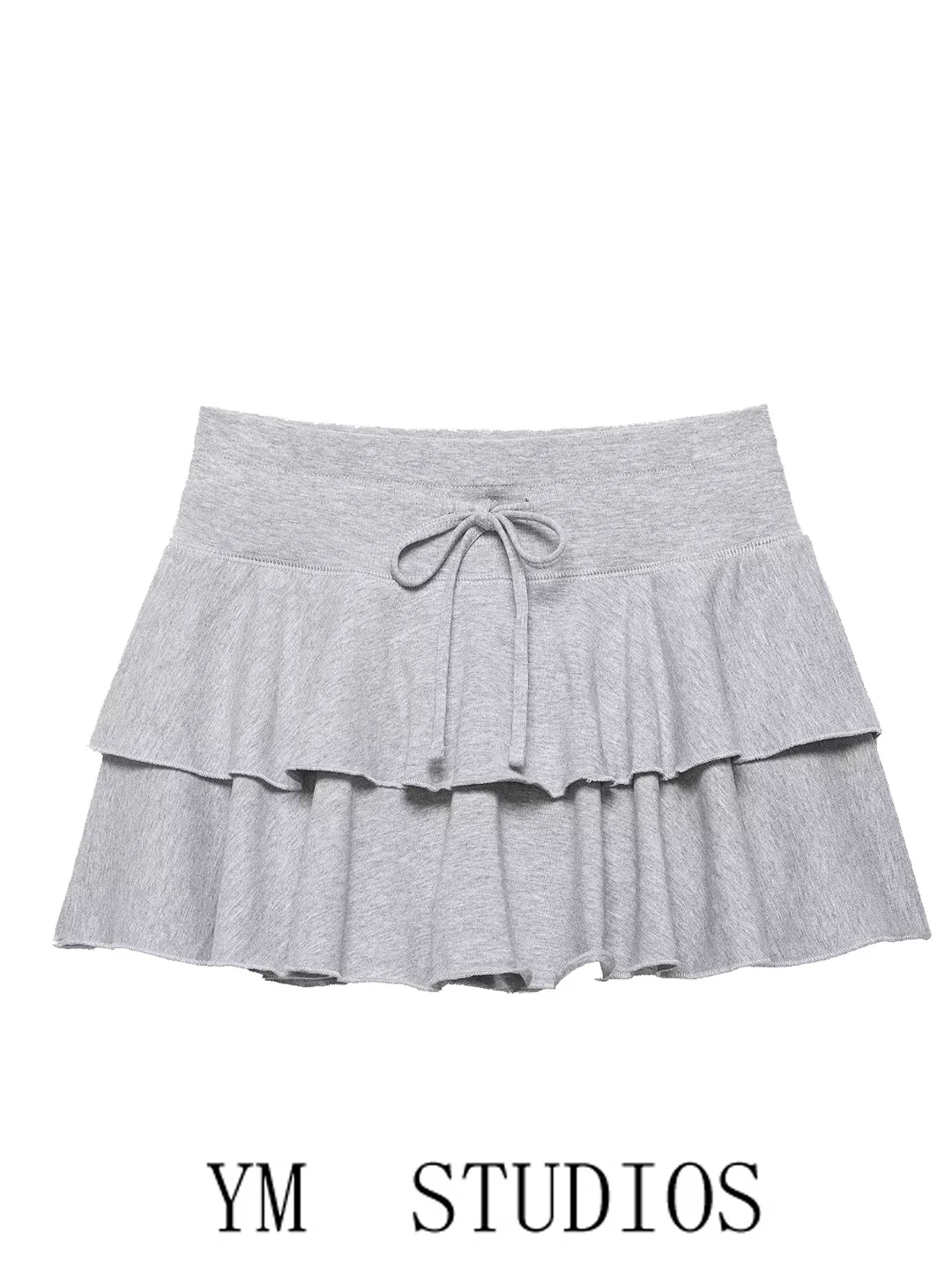 Grey High Waist Decorative Belted Layered Short Skirt Women's Fashion College Style Half-length Cake Skirt Summer Season