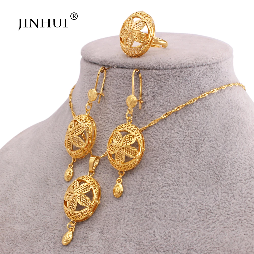 Ethiopian African Jewellery sets Necklace earrings Rings set gold plated jewelry sets for women Dubai wedding bridal gifts