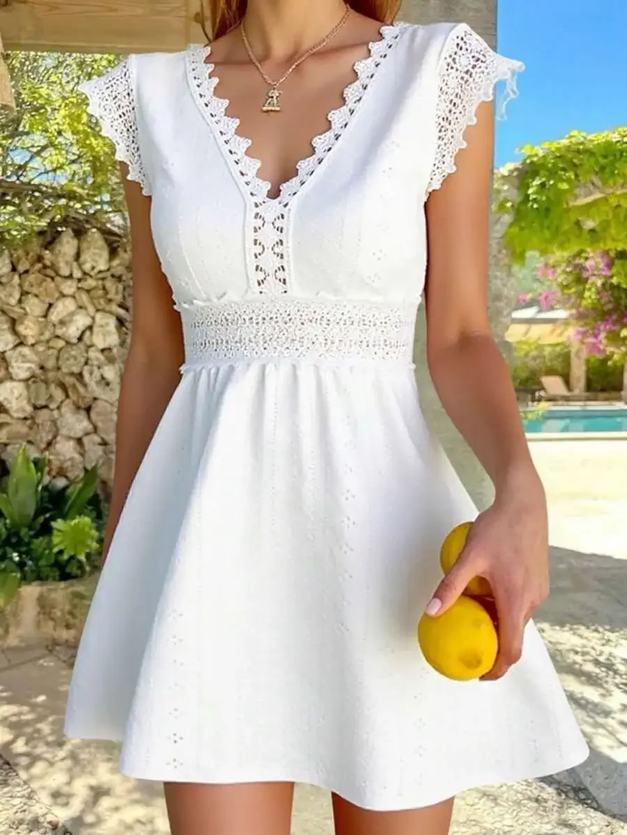 

White Lace Trim V-Neck Short Sleeve A-Line Casual Summer Dress
