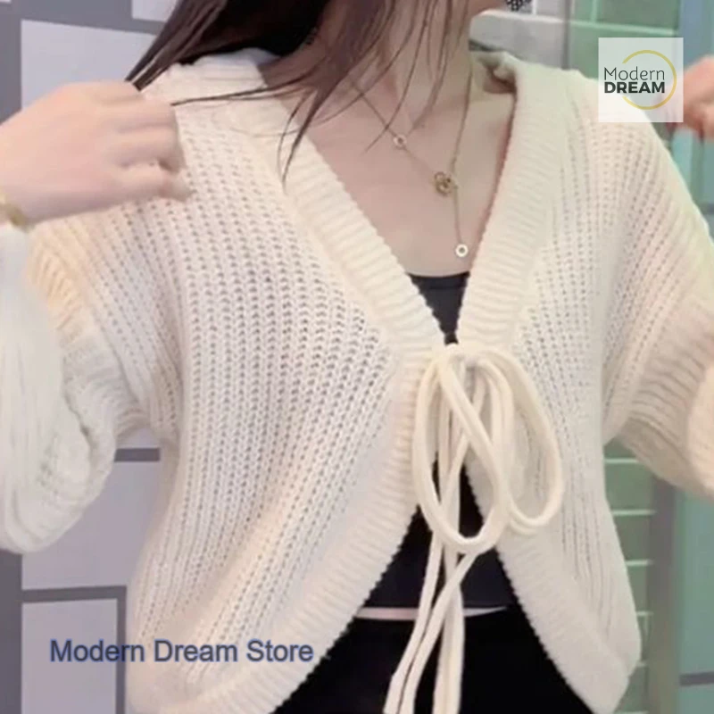 

French design lace-up cardigan knitted shawl coat women's spring and autumn new loose wild bat sleeve lace-up sweater coat