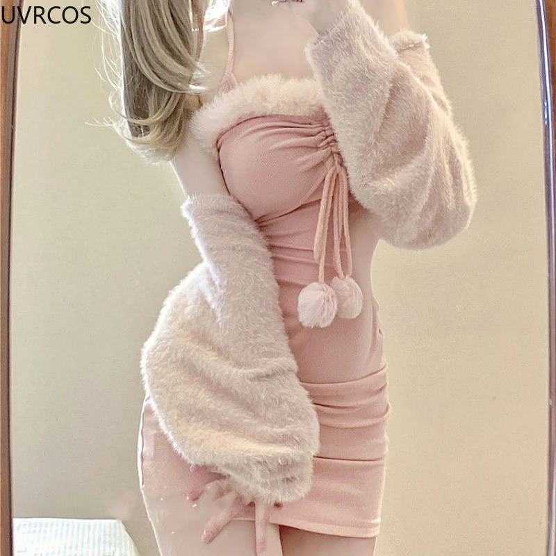 2024 Winter Pink Kawaii Lolita 2 Piece Dress Set Woman Casual Short Sweater Cardigan Sexy Slim Y2k Mini Dress Korea Fashion Suit