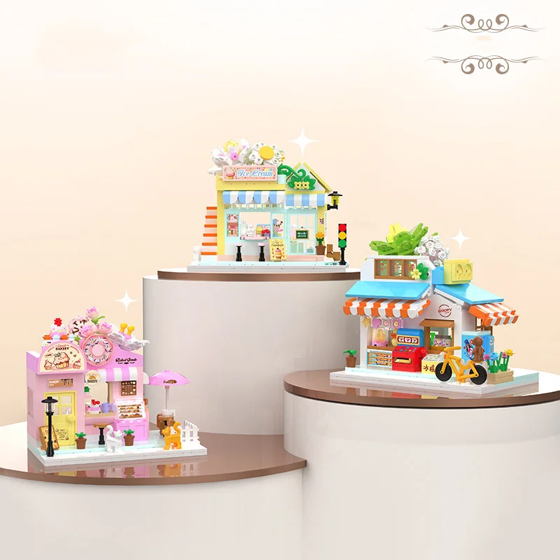 Creative Loz Mini Diamond Building Block City Street View Grocery Store House Brick Ice Cream Shop Bakery Toys With Light