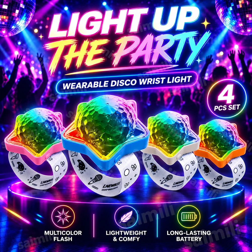 4‑Pack Wearable Music Sync Projection Wrist Lamp Sound Triggered Colorful Disco Light Multiple Lighting Modes 360° Rotatable