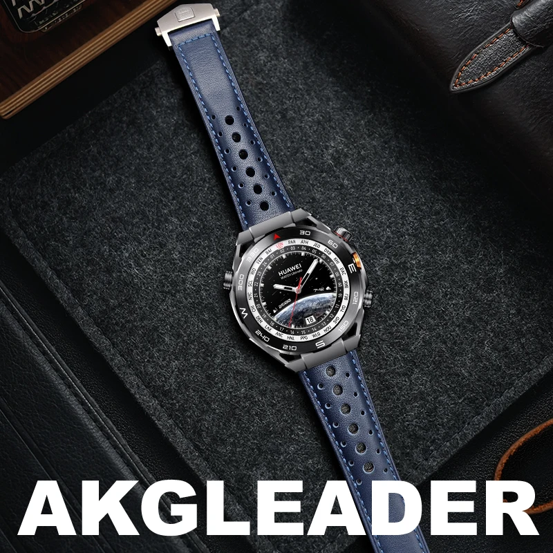 AKGLEADER Perforated Cowhide leather Butterfly clasp watch band for Huawei Watch GT 5Pro 4Pro 46mm band for 22mm 26mm strap band