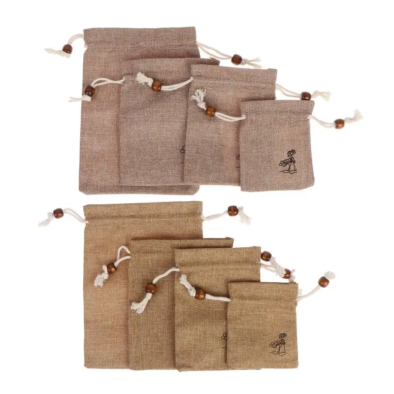 2 Stück Jute-Zugbeutel mit Kordelzug, Baumwolle, Leinen, Lotusmuster, Hochzeitsbeutel, Weihnachtsverpackung, Aufbewahrung von Kristallsteinen, Geschenktüten – Detail 3