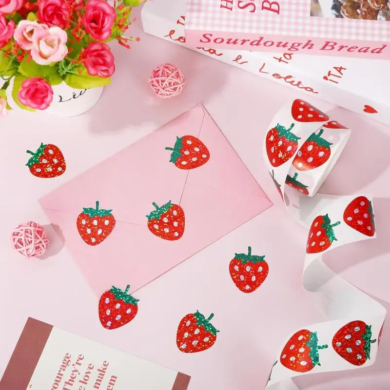 

Stationery Scrapbook Decals, 500 Pieces Per Roll, 2.5 Cm (1 Inch), Red Laser-Cut Strawberry-Shaped Stickers For Decoration