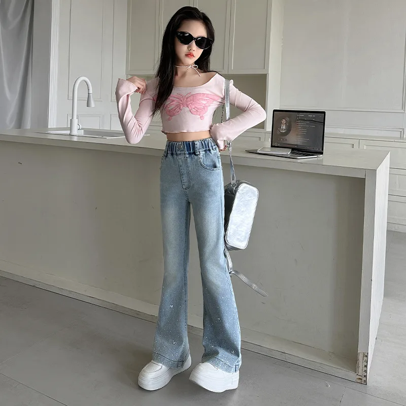 2026 new kids baby Girls spring jeans elastic child bell-bottoms butterfly pants denim autumn trousers 4 5 8 10 11 12 13 years