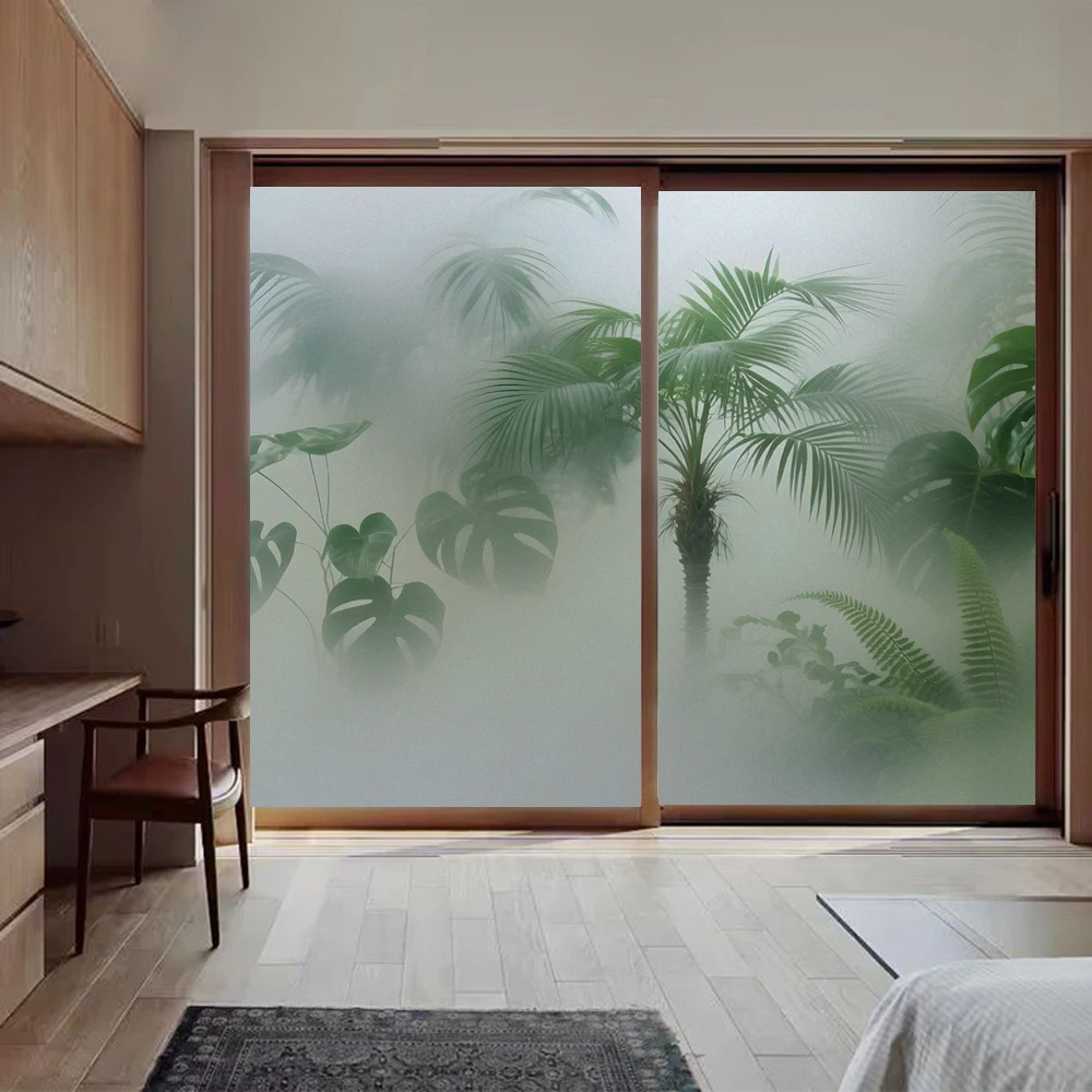 Static Cling Privacy Window Film Heat Control UV Blocking Window Glass Sticker Frosted Foggy Green Plants Window Tint