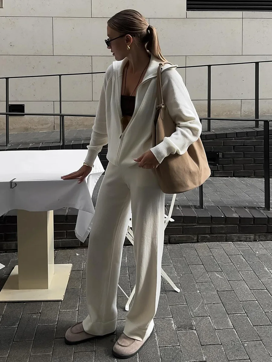 LIinar Zipper Cardigan Set Fall Winter 2026 Knit Cardigan Wide-Leg Pants Casual Loose-Fitting Solid-Color Knit Set for Women
