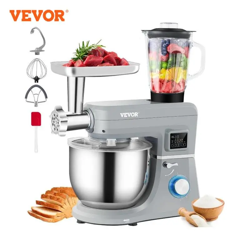 VEVOR 5 IN 1 Stand Mixer Tilt-Head Multifunctional Electric Mixer w/ 6 Speeds LCD Screen Timing 7.4 Qt Stainless Bowl Dough Hook