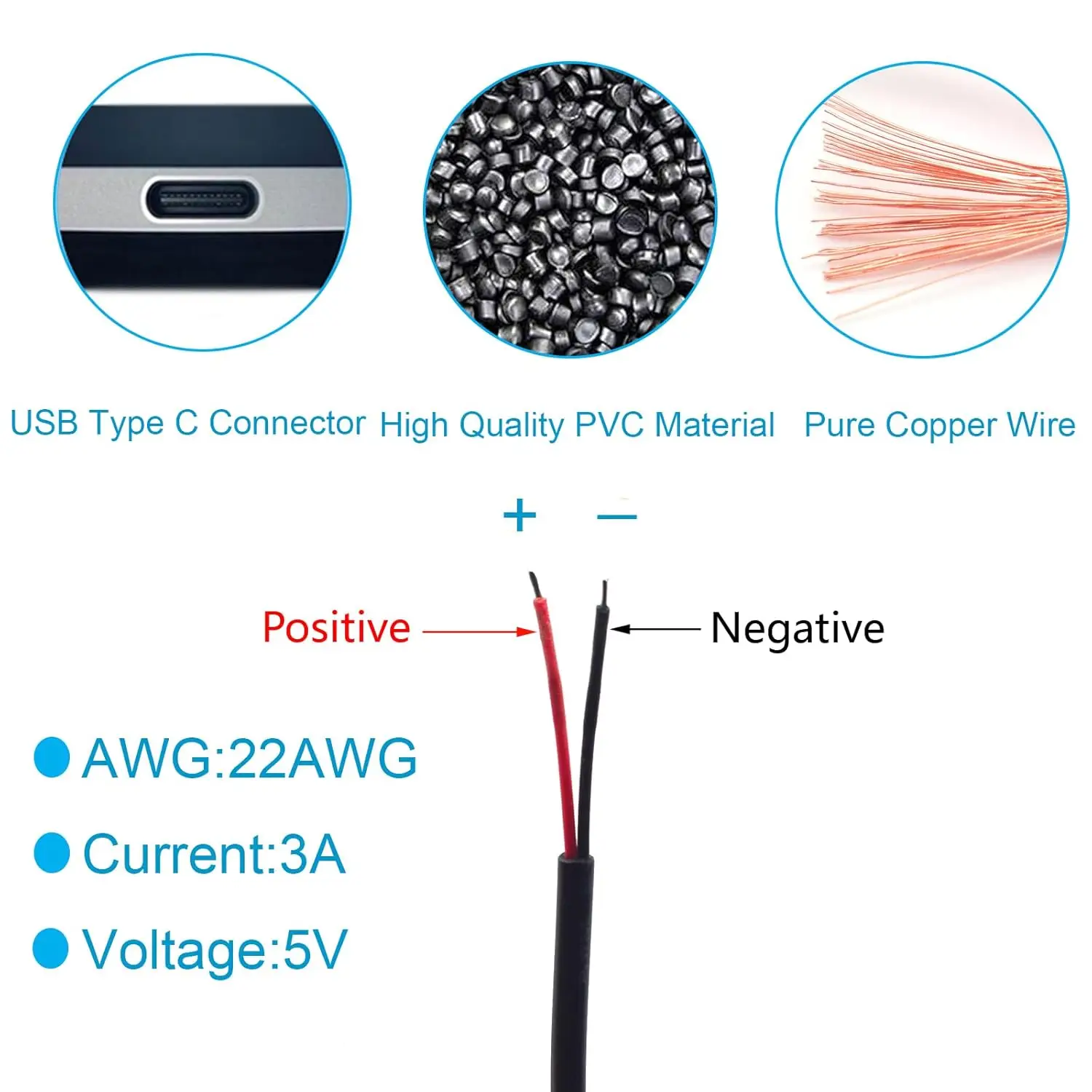 لتقوم بها بنفسك لمعدات USB C المثبتة 24AWG USB نوع C ذكر ضفيرة 5 فولت 3A Singe USB C إلى 2 دبوس سلك عاري نهاية مفتوحة وصلة كابل 0.3/1 متر #5
