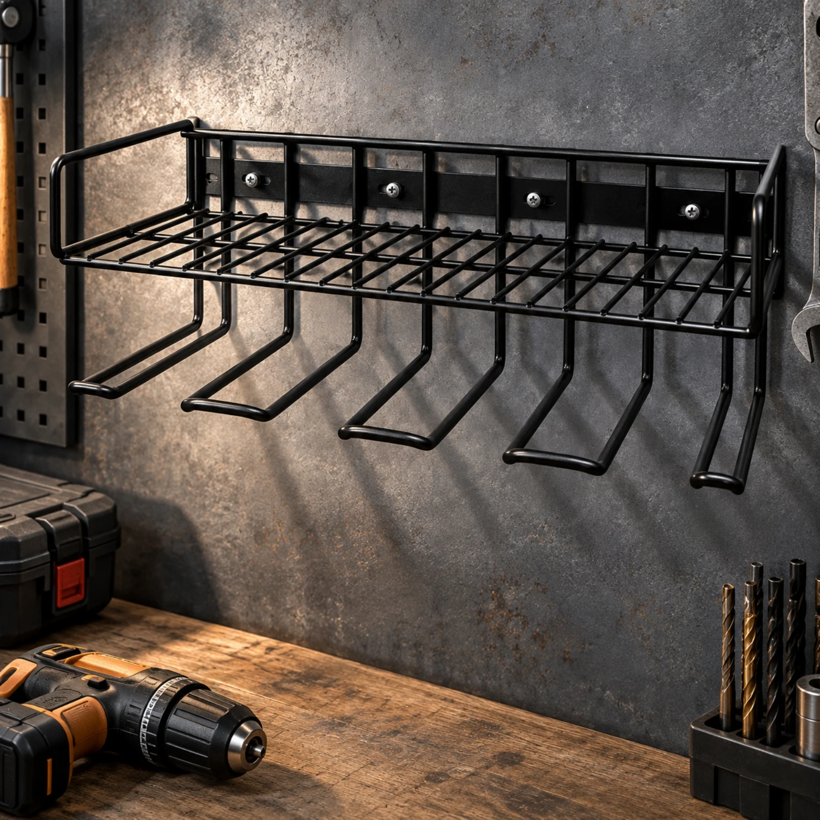 Black Iron Wall Drill Rack Easy to Install Wire-Grid Tool Shelf with Lower Tool Holders Drill Storage Rack Space Saving