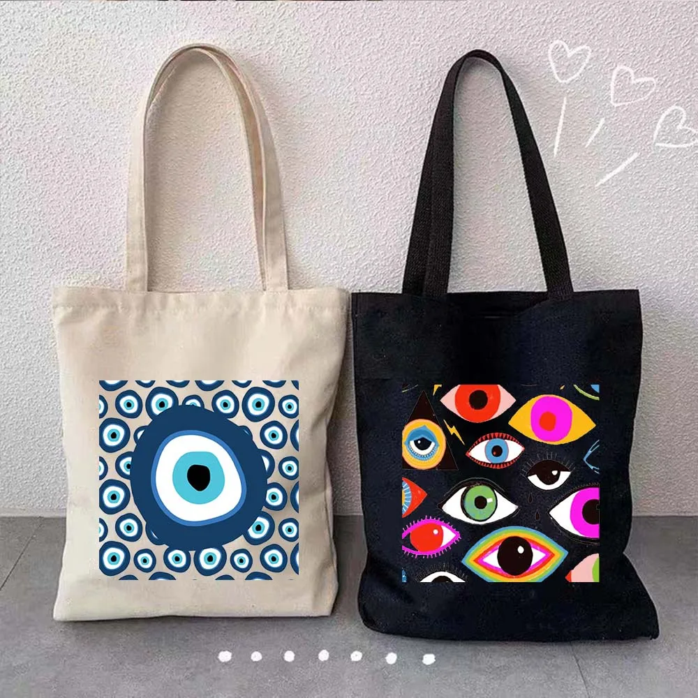 Colorful Evil Eyes Shopper Canvas Tote Bag Stylish Amulet The Blue Nazar Greek Evil Eye Bird Feather Eco Shoulder Cotton Handbag